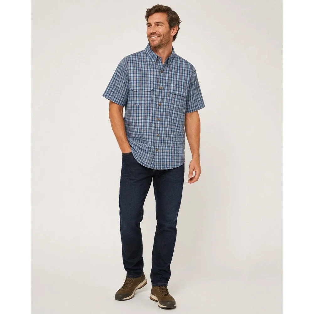 Duluth Trading Co Button Front Camp Shirt Mens Medium Blue Plaid Polyester Nylon
